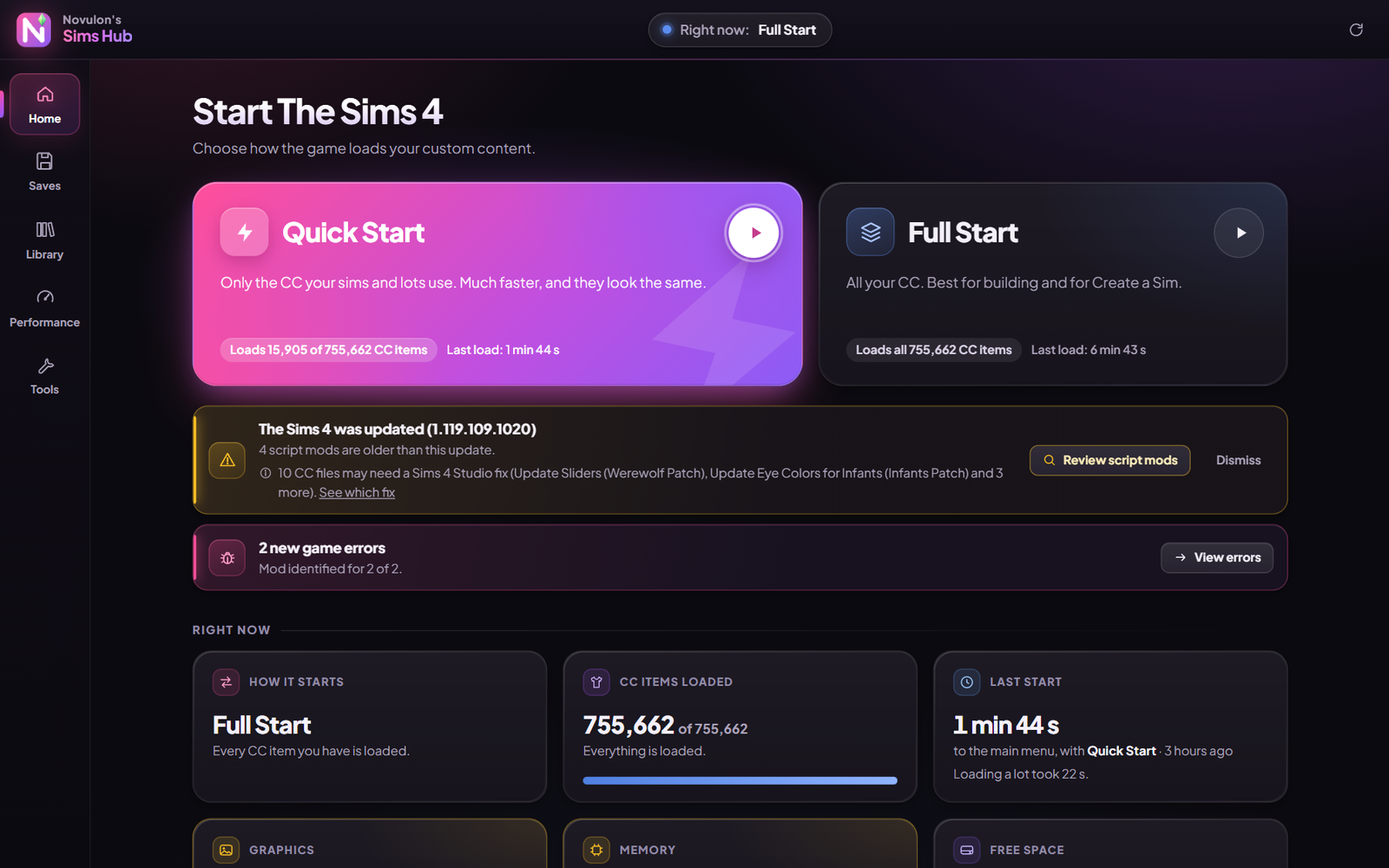 Sims Hub: choose Quick Start or Full Start