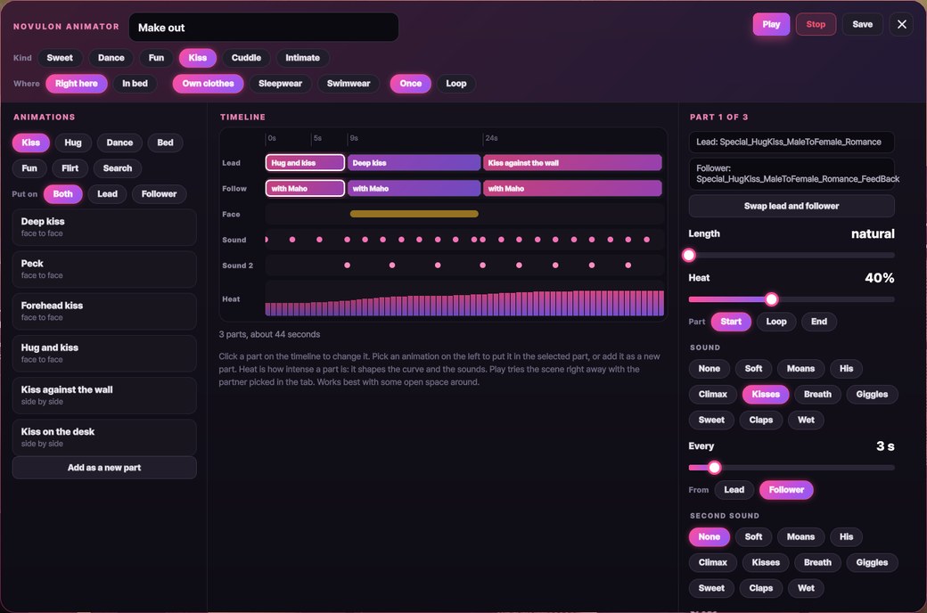 The Animator: animations on the left, the timeline with a heat curve in the middle, the selected part on the right