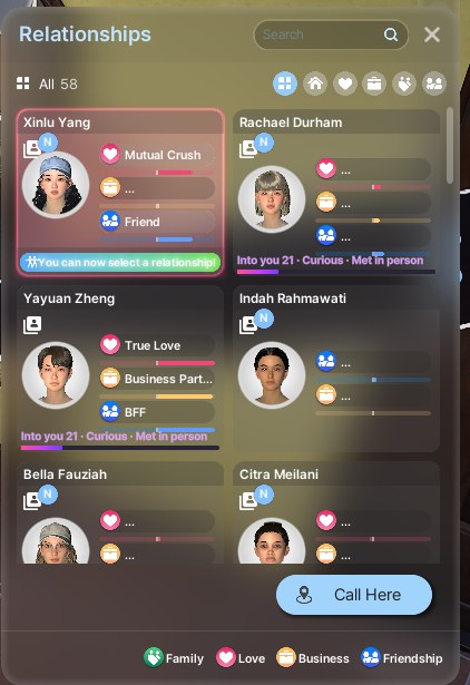 The game's Relationships list with Into you bars and the right-click menu