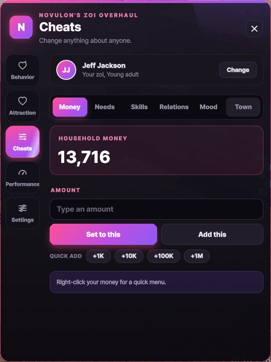 Cheats tab, money page