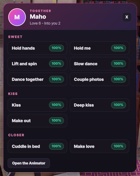 The Together menu from the game's social menu, with the odds of a yes on every option