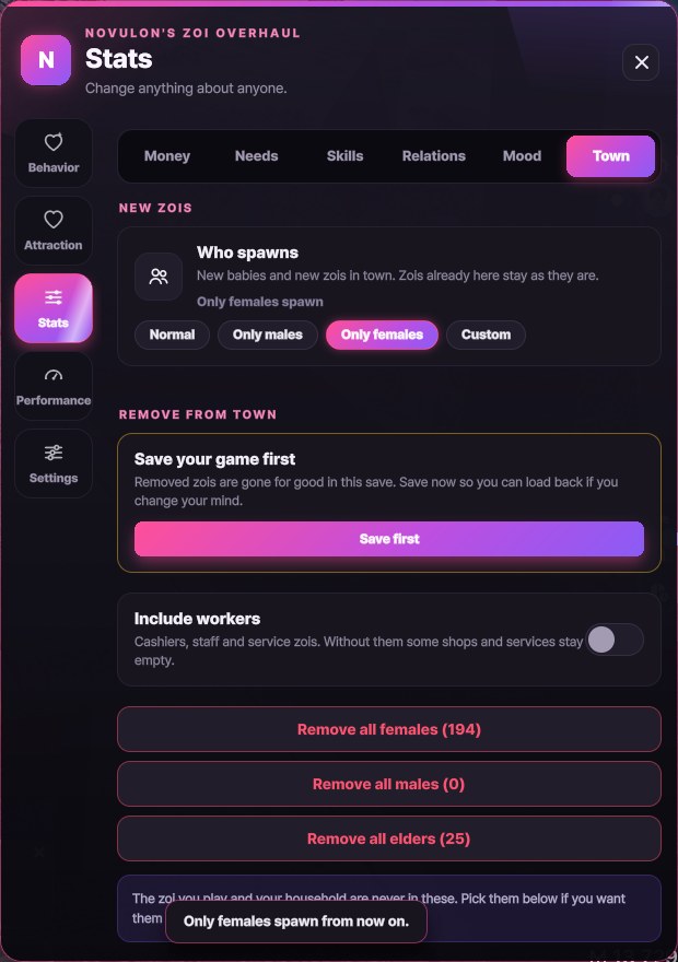 Cheats tab, town page