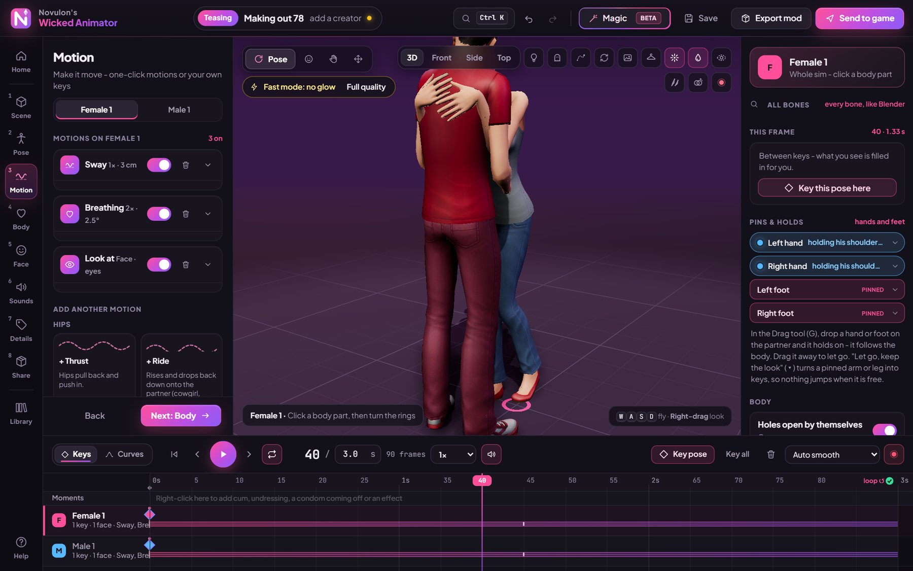 The editor: the sims on the stage, their motions on the left and the timeline below